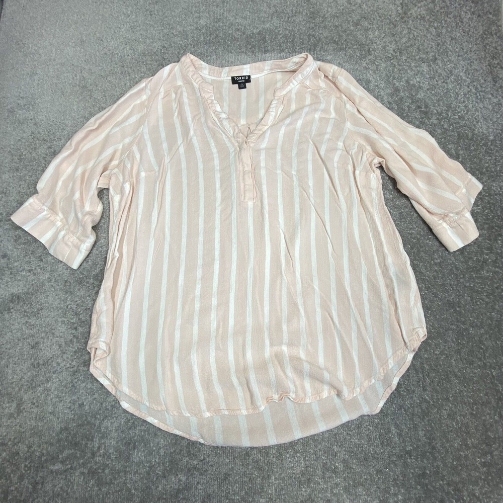 Torrid Harper Shirt Womens 2 Pink White Striped Popover 3/4 Roll Tab Sleeve